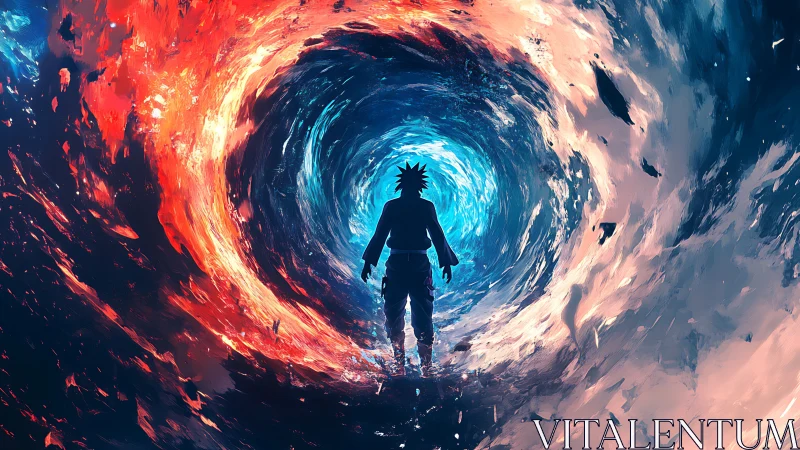 Solitary warrior within swirling fire and ice vortex portal.