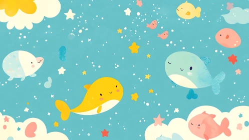 Kawaii marine animals drift among clouds in pastel sky scene
