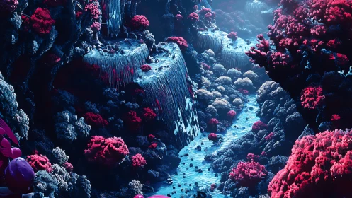 Bioluminescent Coral Canyon with Cascading Waterfalls and Vivid Pink Formations