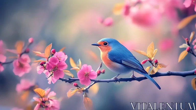 Bluebird perched on cherry blossom branch in dreamy pastel style.