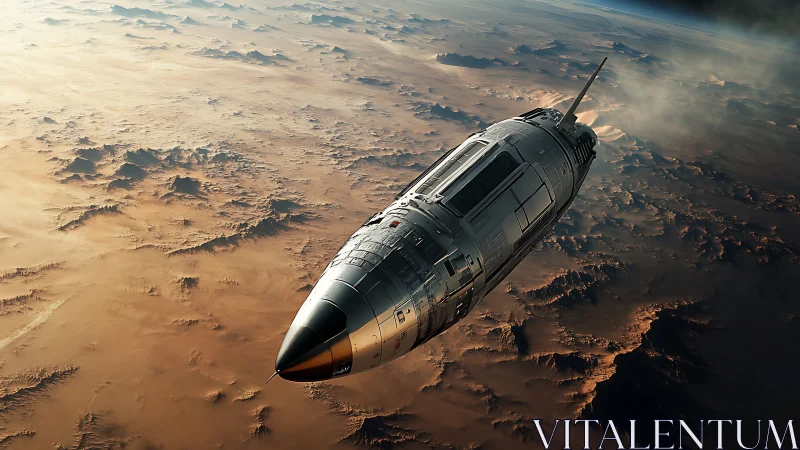 Futuristic spacecraft in low orbit above desert planet