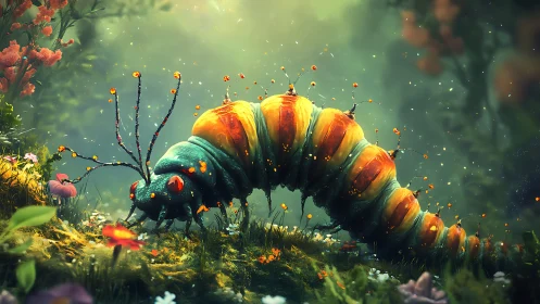 Luminescent forest caterpillar crossing a mystic glade.