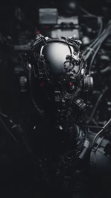 Cybernetic android head in dark mechanical environment.
