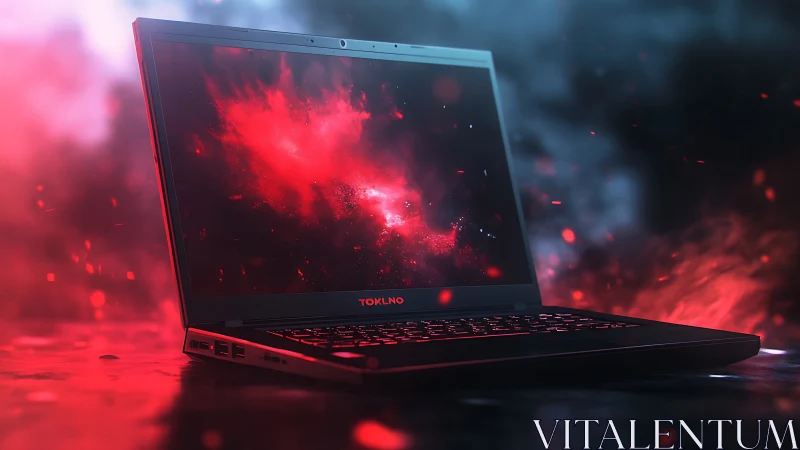 Gaming laptop amid fiery red nebula glow on dark stage.