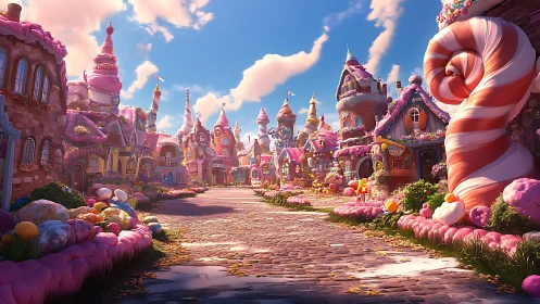 Candy kingdom cityscape rendered in vibrant 3D fantasy architecture.