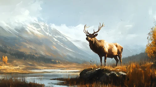 Elk stands on rock in autumn valley beneath snow mountains