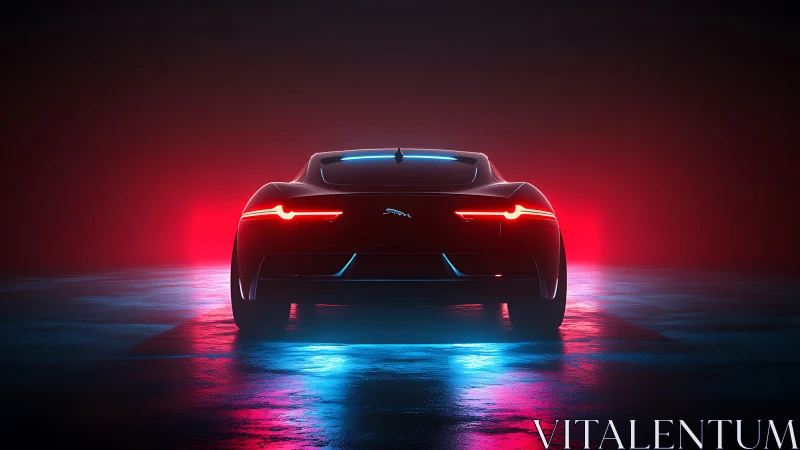 Rear-lit sports coupe rendered with neon rim lighting and wet asphalt