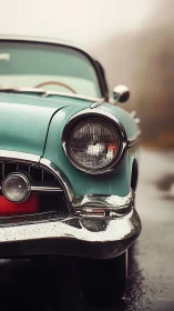 Mint green vintage car front in wet overcast street