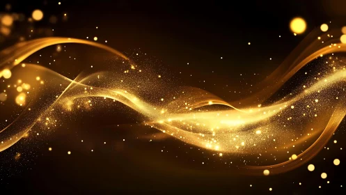 Abstract golden light wave on dark background with glittering sparkles.
