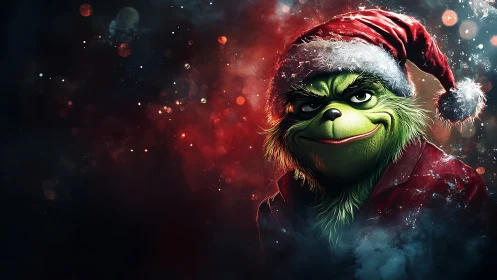 Cinematic green creature in Santa costume amid bokeh nebula