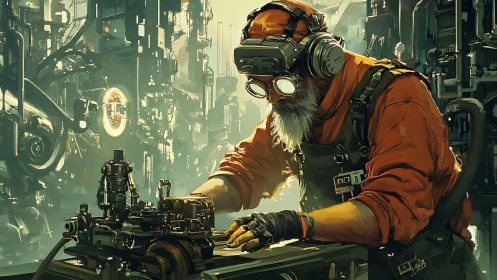 Goggles gleam while a cyberpunk machinist tunes the future