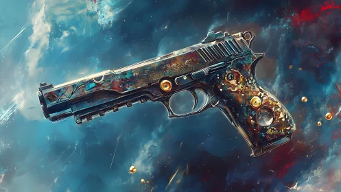 Celestial handgun floats in swirling cosmic color and light