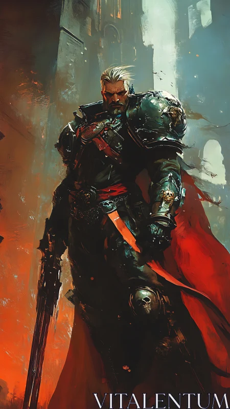 Brooding armored knight stands tall in a burning gothic ruin