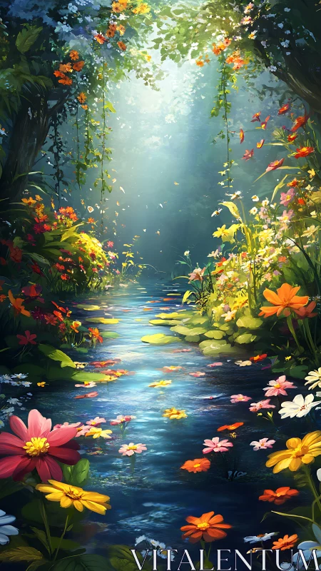 Sunlit forest stream passes through dense floral vegetation