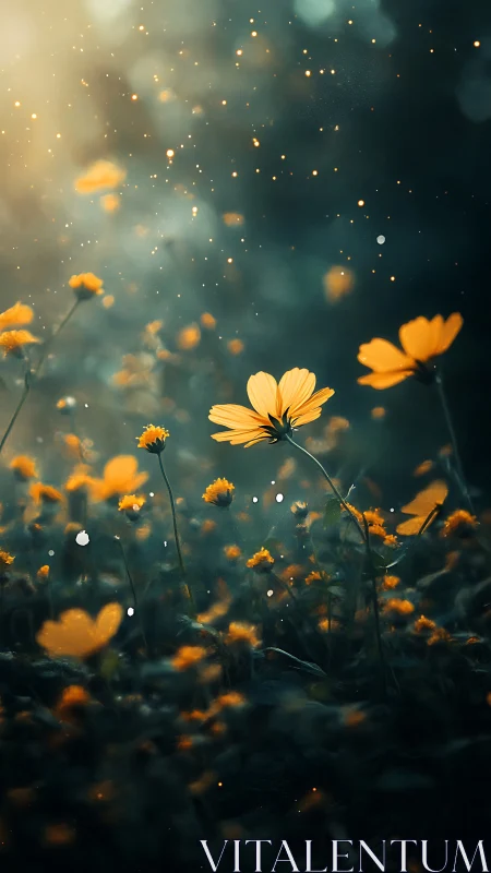 Golden wildflowers shimmer in dreamy twilight glow.