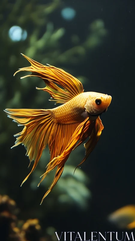 Golden betta fish with flowing fins in soft bokeh aquarium.