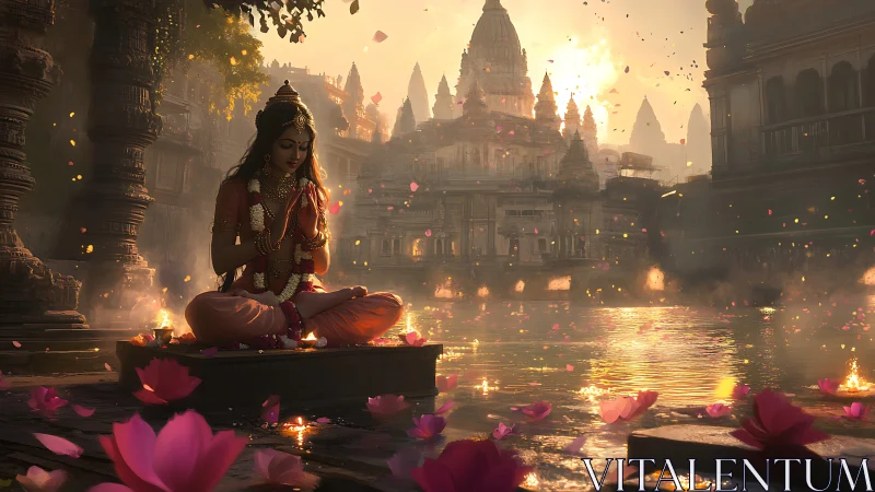 Lotus meditation beside golden river temple at sunset.
