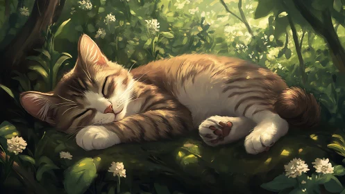 A Peaceful Tabby Cat Naps Soundly in a Green Garden