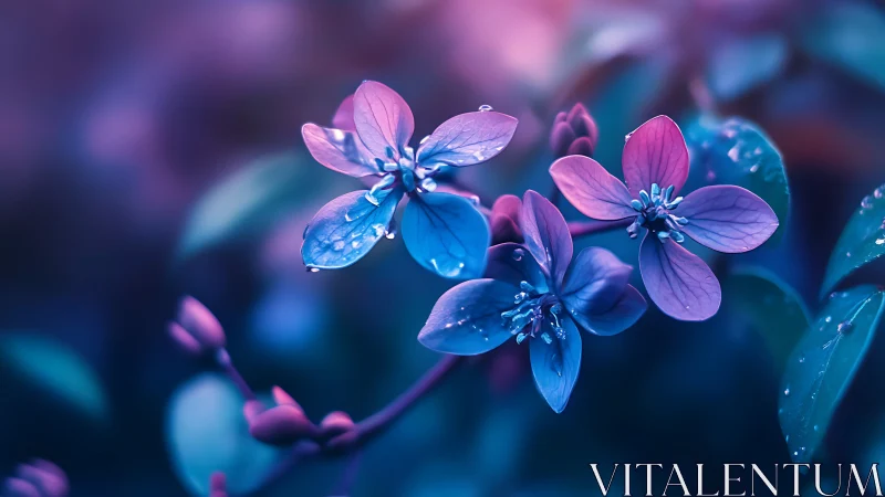 Luminous Blue and Pink Flowers Glisten with Morning Dewdrops