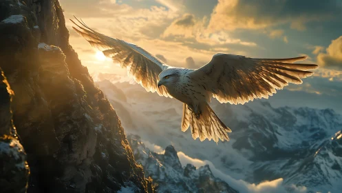 Majestic white hawk soaring over sunlit mountains at sunset.