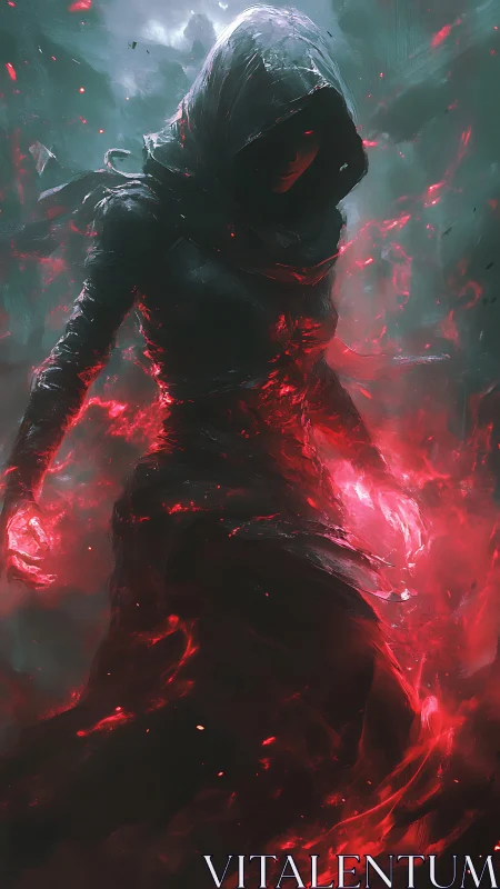 Hooded spectral figure channels volatile crimson arcane energy