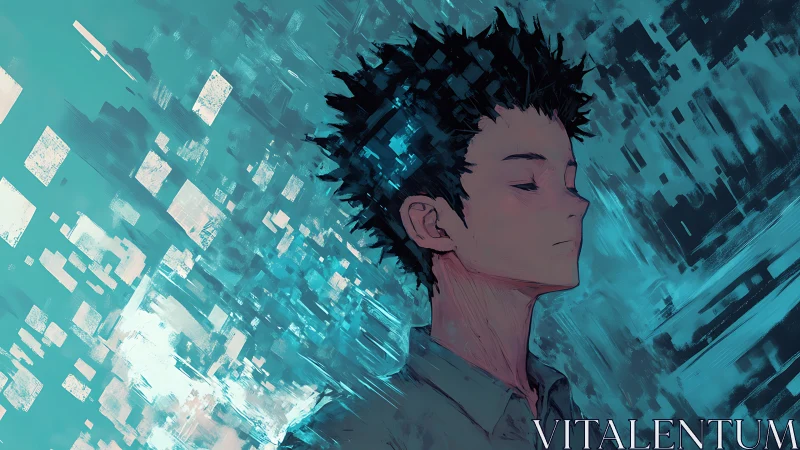 Profile of youth amid abstract teal digital fragments.