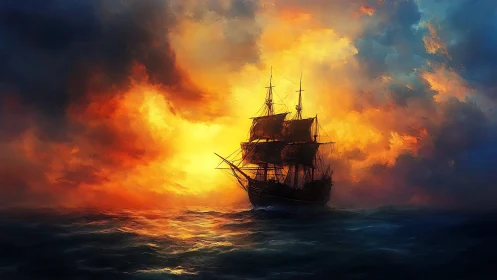 Tall ship silhouette against blazing sunset seascape.