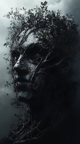 Nocturnal arboreal visage with entwined anatomical rootwork.