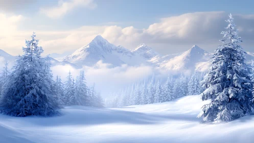 Snow-covered conifer forest extends toward distant mountain ridge