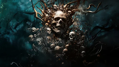 Macabre skull monolith emerging from twisted roots.