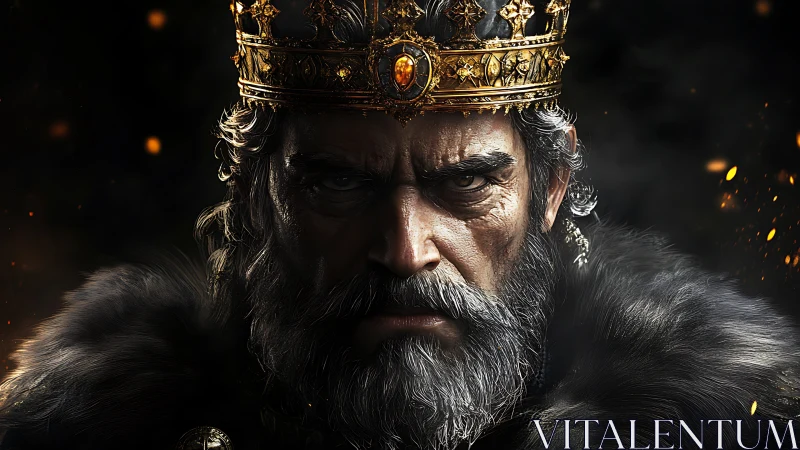 Stern bearded king in jeweled crown against dark background.