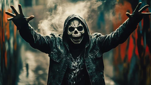 Hooded skull-masked figure advances in eerie neon alleyway.