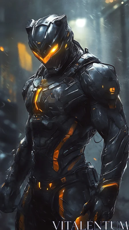 Armored panther exosuit with luminescent tactical channels.