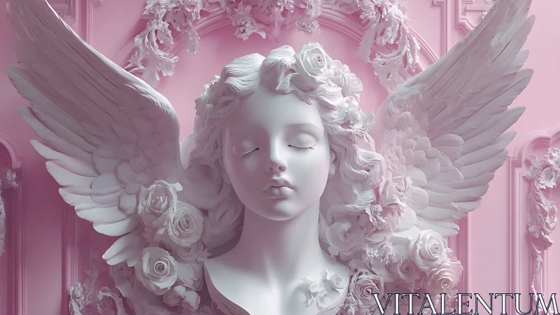 Winged angel sculpture with roses in pastel pink relief.