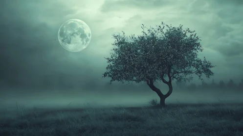 Lone wind-formed tree under enlarged lunar disc in mist field.