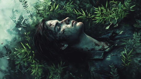 Wounded survivor lies among lush overgrown forest ferns.