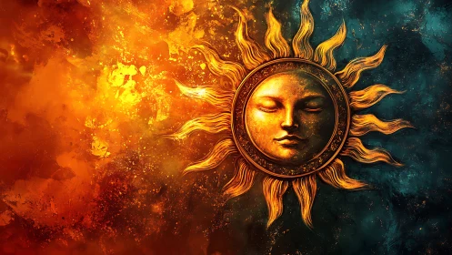 Radiant golden sun face emerges from turbulent cosmic nebula