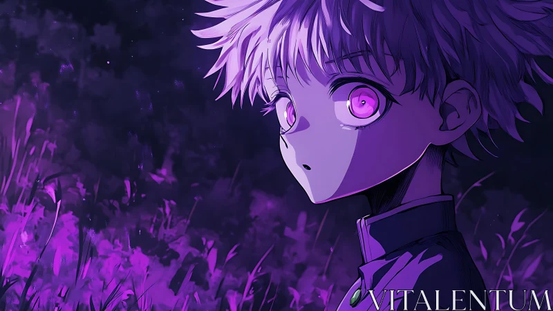 Moonlit violet boy watches the quiet storm of fireflies.