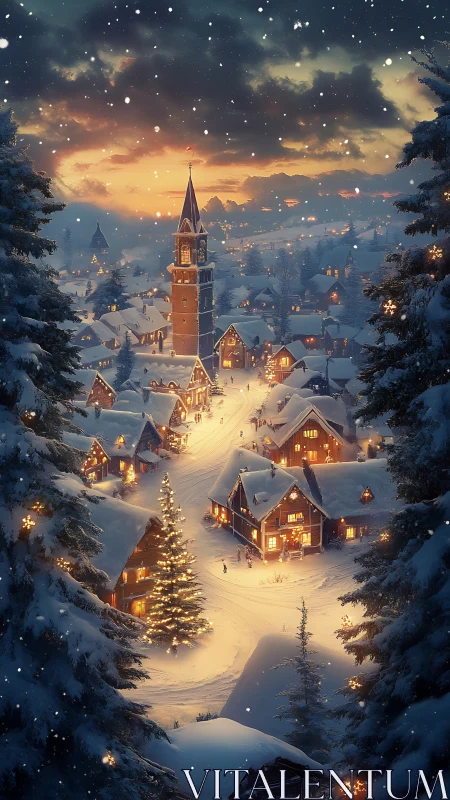 Snow-covered alpine village with glowing winter lights at dusk.