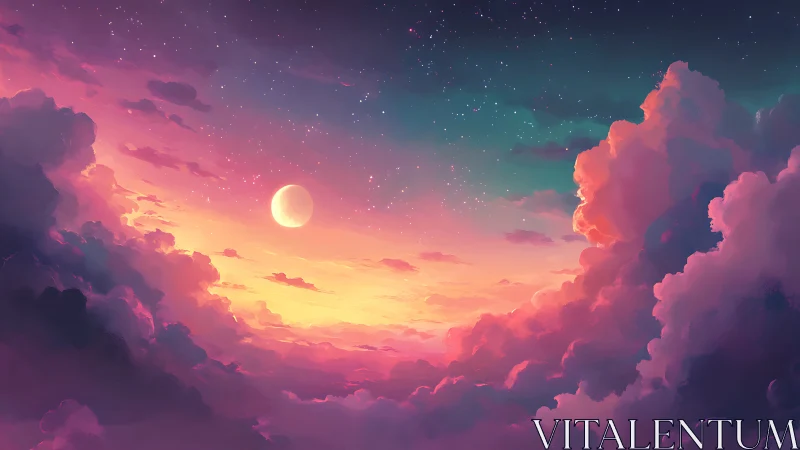 Digital skyscape renders crescent moon amid stratified clouds