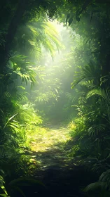 Sunlit Jungle Canopy Path Through Dense Vegetation.