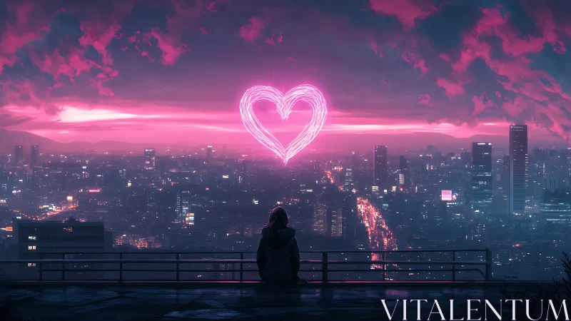 Solitary figure observes neon heart above dense cityscape