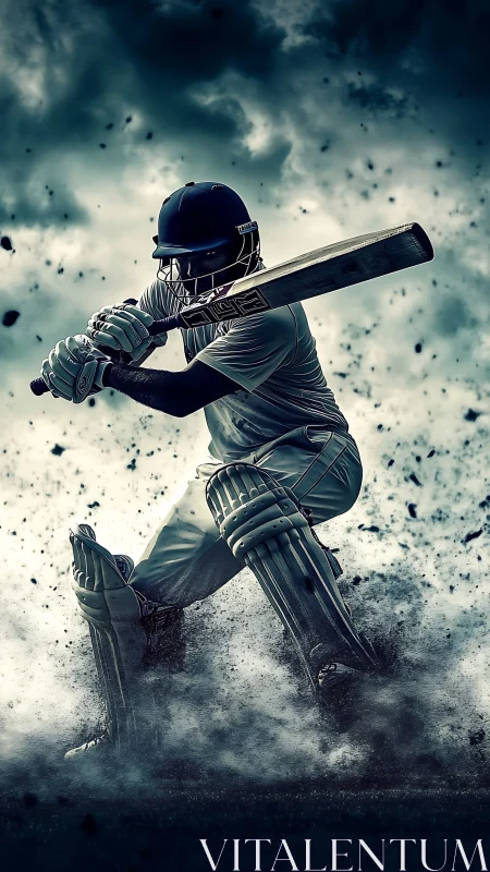 Cricket batsman drives through stormy atmospheric dust field.