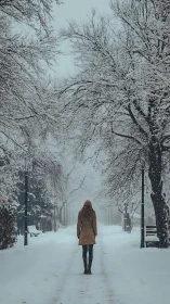 Winter park pathway with solitary figure in central perspective.