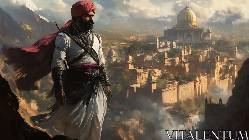 Armored desert commander surveys fortified sandstone capital below