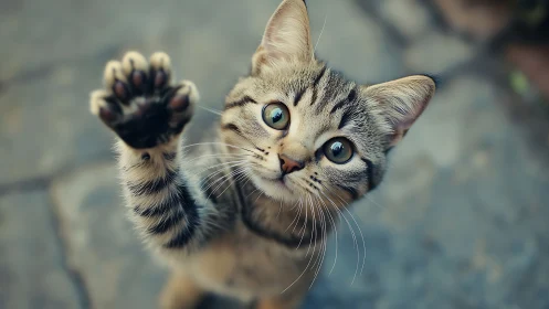Tabby Cat Raising Paw with Striking Blue Eyes.
