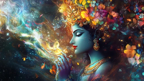 Digital portrait shows blue-skinned figure amid cosmic floral field