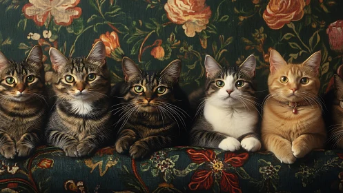 Five Domestic Felines with Distinct Coat Patterns Arranged Against Floral Textile Backdrop