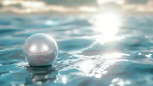 Luminous pearl sphere floating on sunlit turquoise water surface.