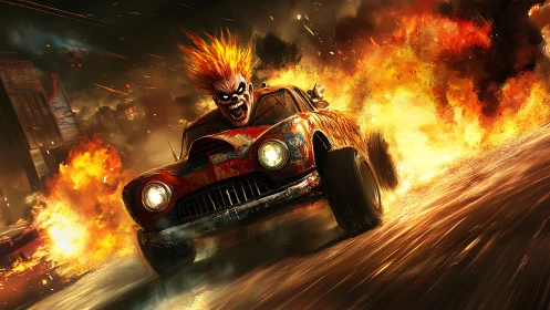 Inferno-fueled hot rod rampages through a burning cityscape.